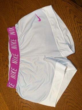 Nike White Athletic Shorts with Pink Waistband and Logo